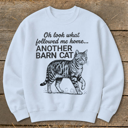 White sweatshirt with a graphic of a tabby cat and text "Oh look what followed me home... ANOTHER BARN CAT."