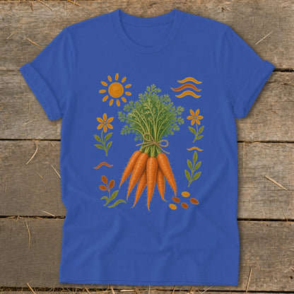 Royal blue t-shirt featuring a graphic of carrots with a sun, flowers, and leaves.