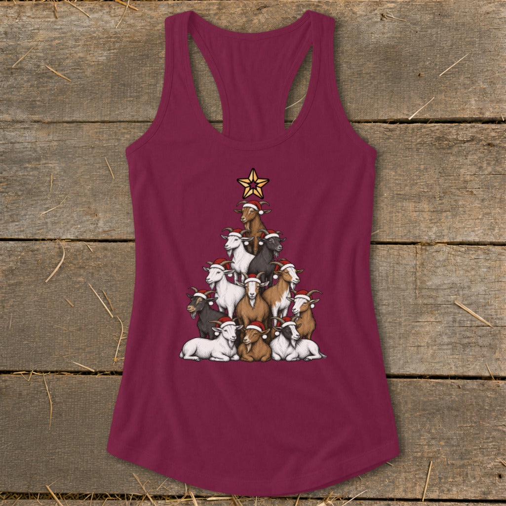 Maroon tank top with a Christmas tree shape made of goats wearing Santa hats.