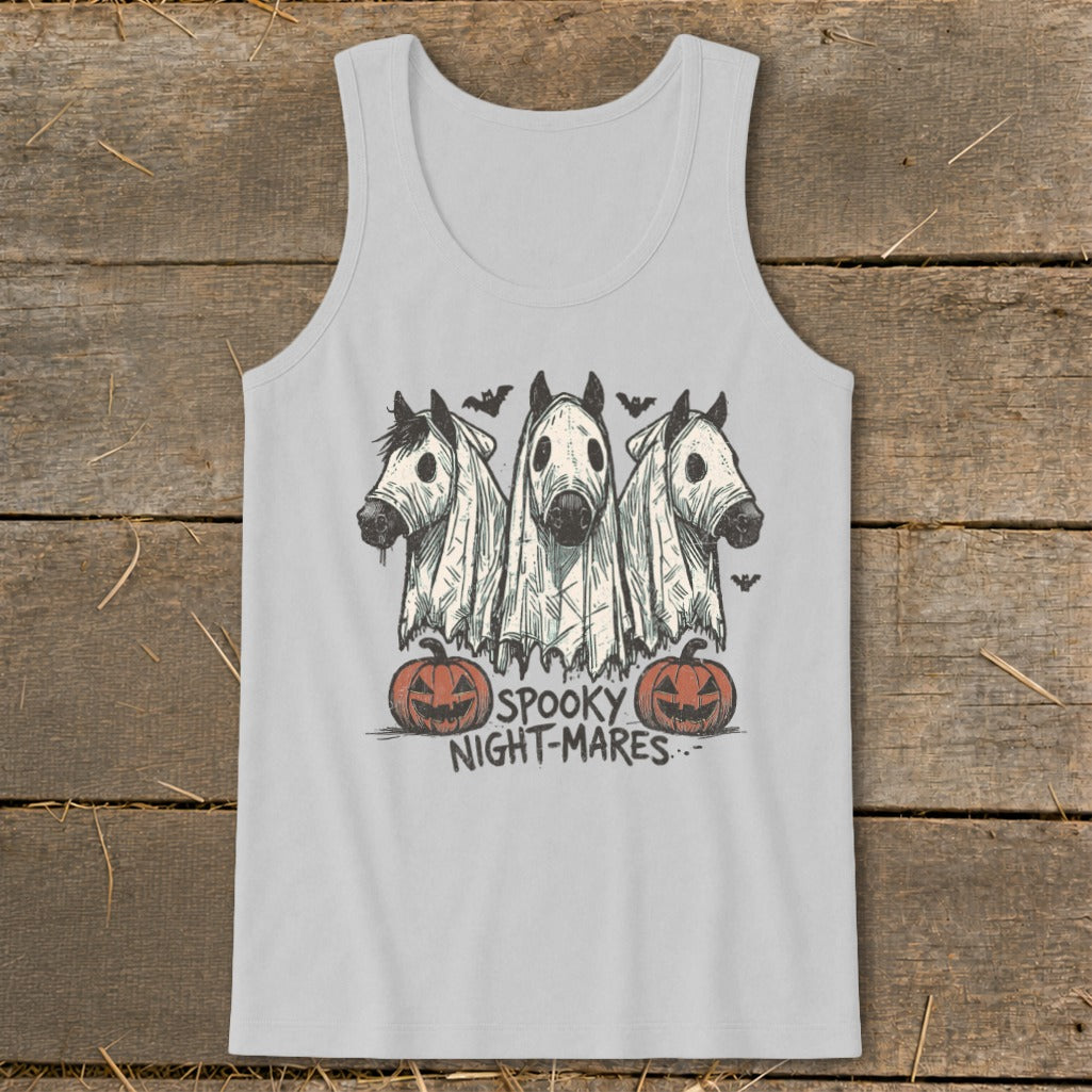 Three horses in ghost costumes with pumpkins and bats, reading "Spooky Night-Mares".
