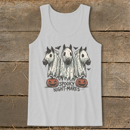 Three horses in ghost costumes with pumpkins and bats, reading "Spooky Night-Mares".