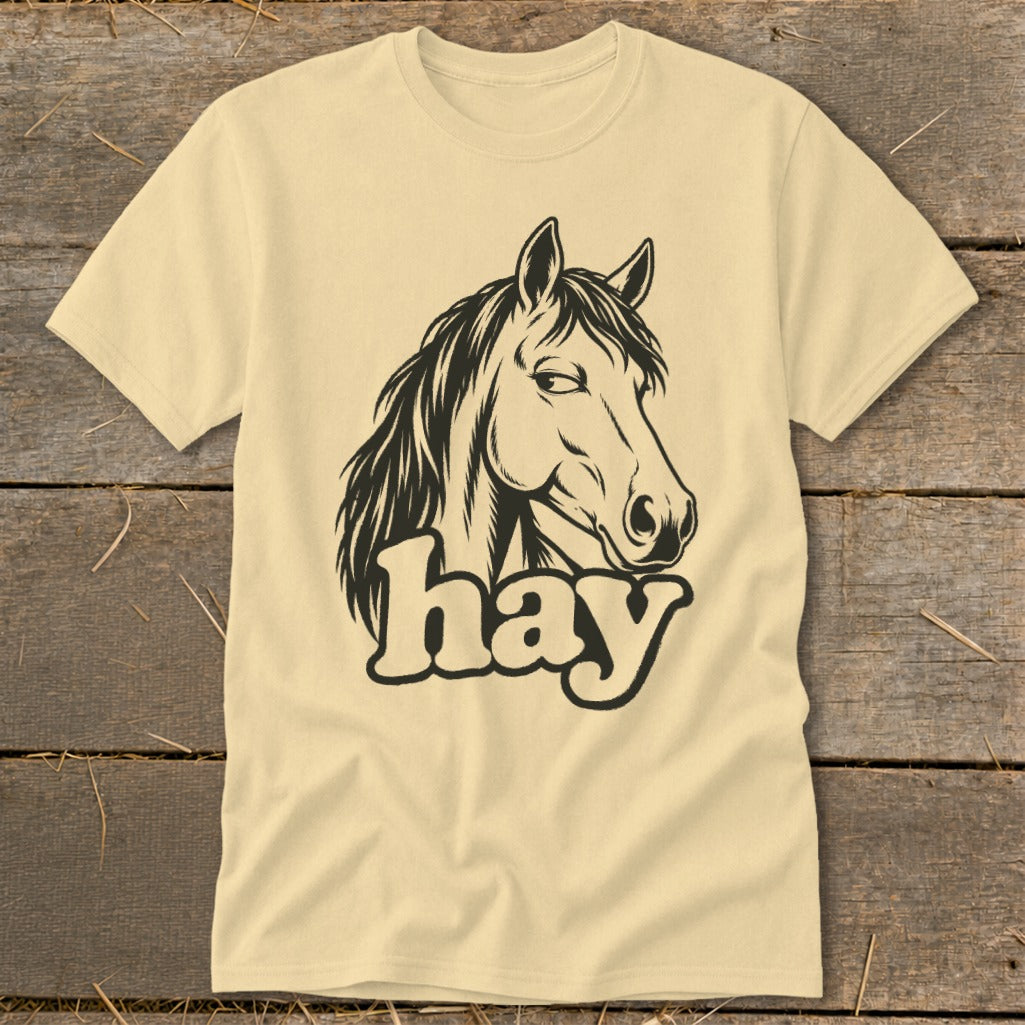 Light yellow t-shirt with black horse head graphic and "hay" text.