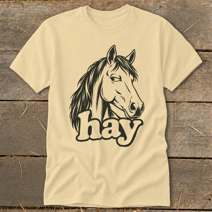 Light yellow t-shirt with black horse head graphic and "hay" text.