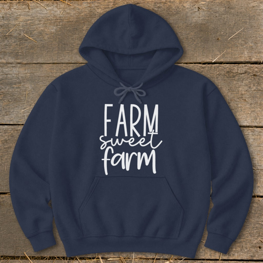 Navy blue hoodie with "FARM sweet farm" text in white on the chest.