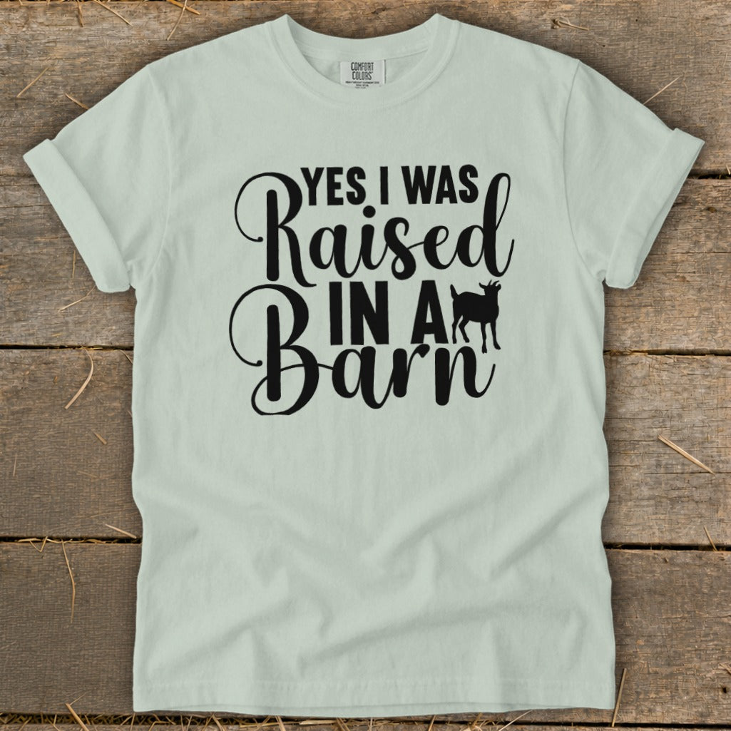 Light green t-shirt with black text "YES I WAS Raised IN A Barn" and a goat silhouette.