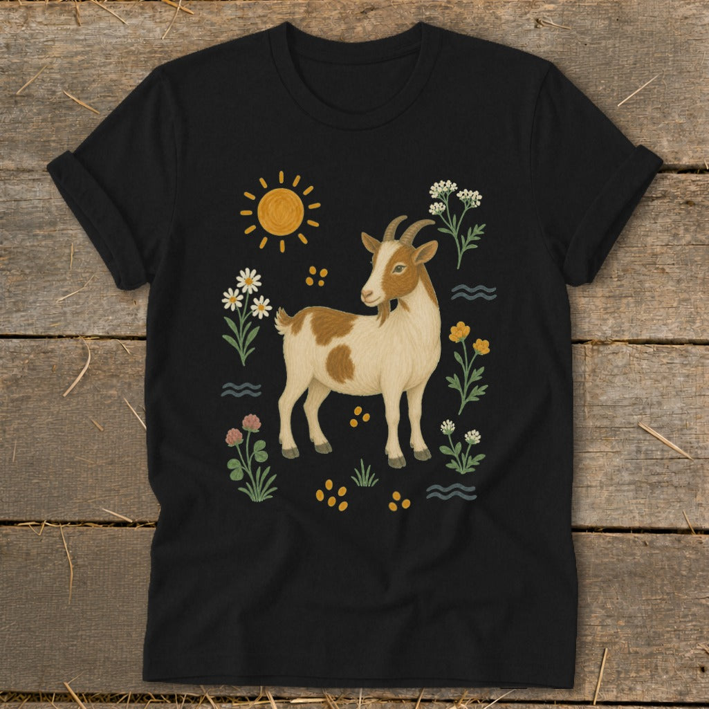 Black t-shirt with illustration of a goat surrounded by flowers, sun, and waves.