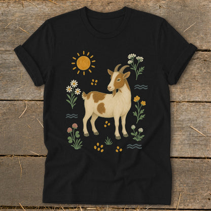 Black t-shirt with illustration of a goat surrounded by flowers, sun, and waves.