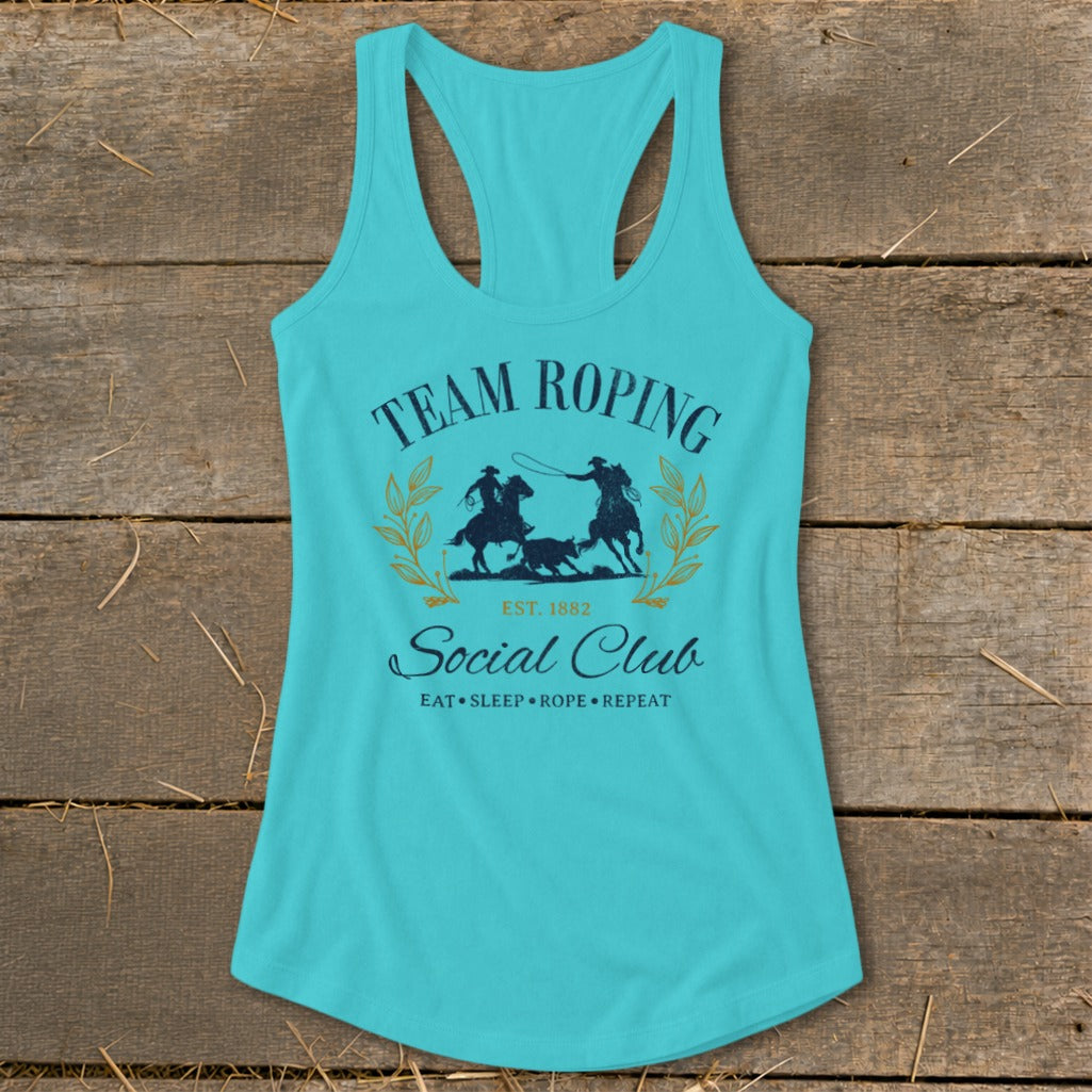 Turquoise tank top with "Team Roping Social Club" graphic and rodeo imagery.