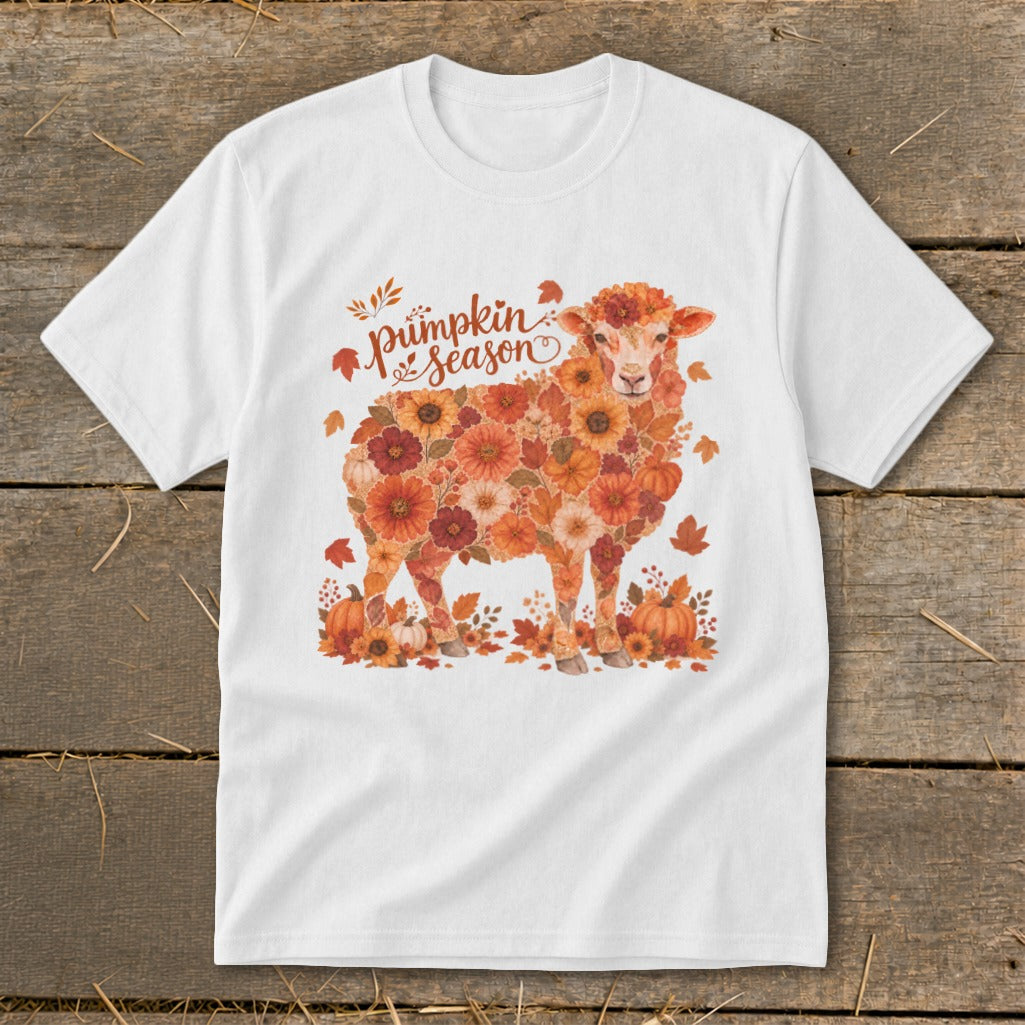 White t-shirt with a sheep graphic made of autumn flowers and pumpkins, reading "Pumpkin Season".