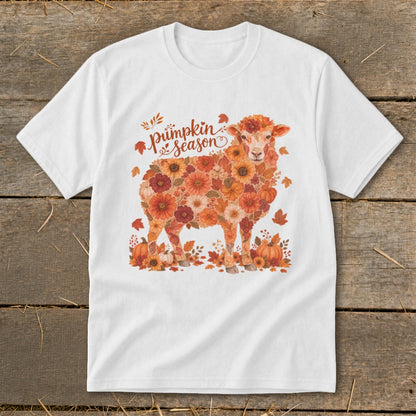White t-shirt with a sheep graphic made of autumn flowers and pumpkins, reading "Pumpkin Season".