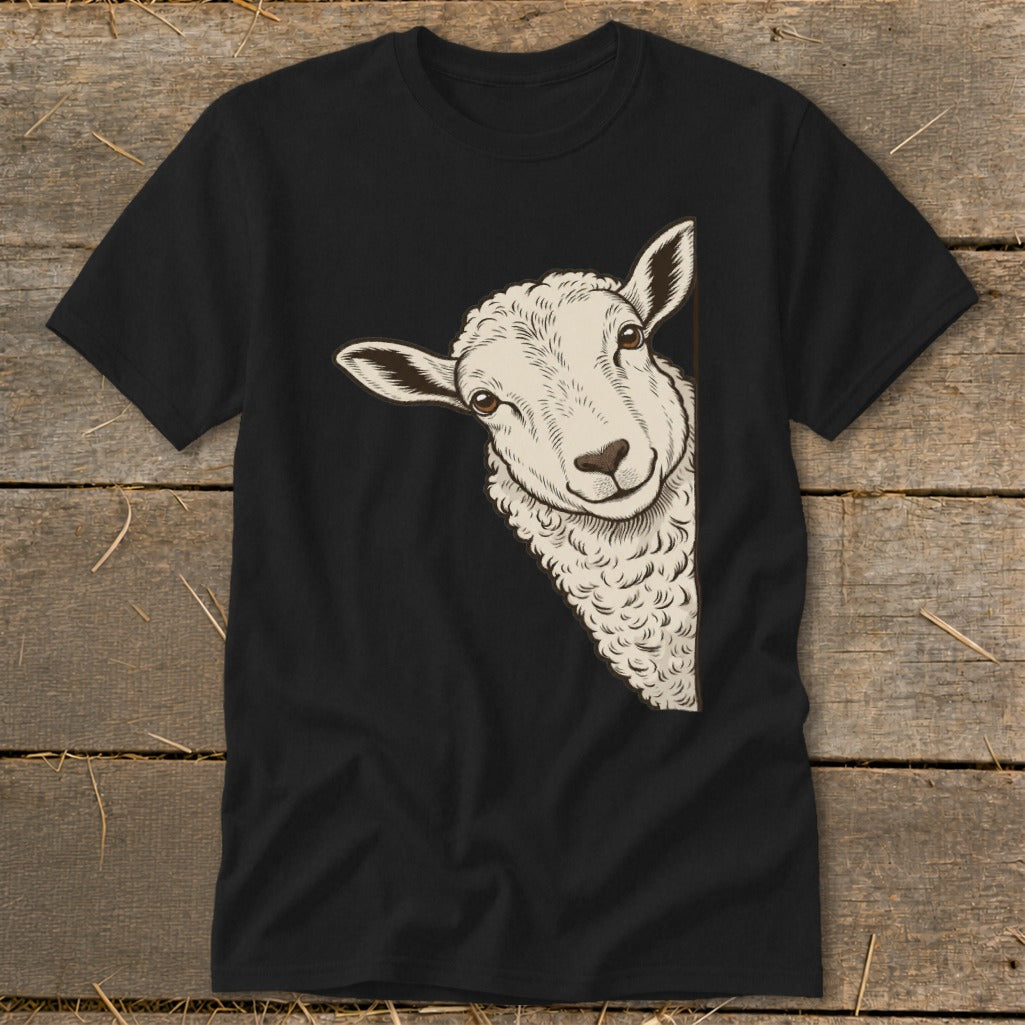 Black t-shirt with a drawing of a sheep peeking from the side.