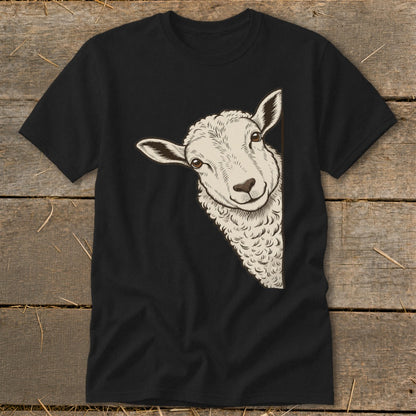Black t-shirt with a drawing of a sheep peeking from the side.