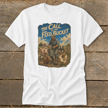 White t-shirt with graphic of farmer feeding pigs, chickens, and cows with text "The Call of the Feed Bucket".