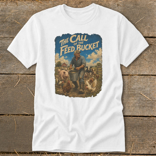 White t-shirt with graphic of farmer feeding pigs, chickens, and cows with text "The Call of the Feed Bucket".