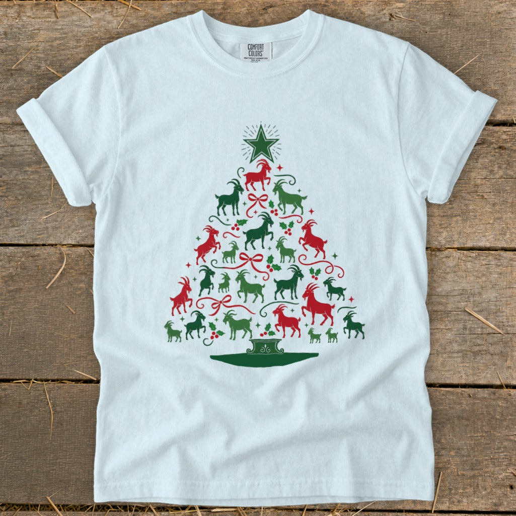 White t-shirt with a Christmas tree made of red and green goats.