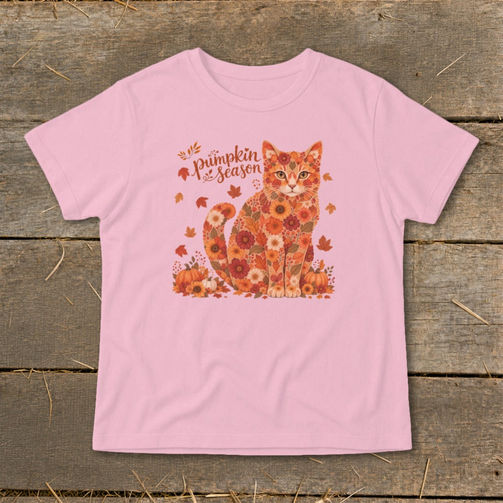 Pink t-shirt with a cat made of flowers and autumn leaves.