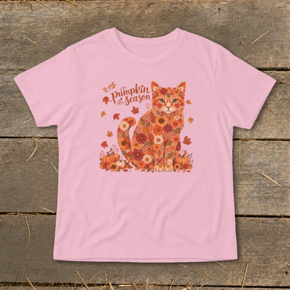 Pink t-shirt with a cat made of flowers and autumn leaves.