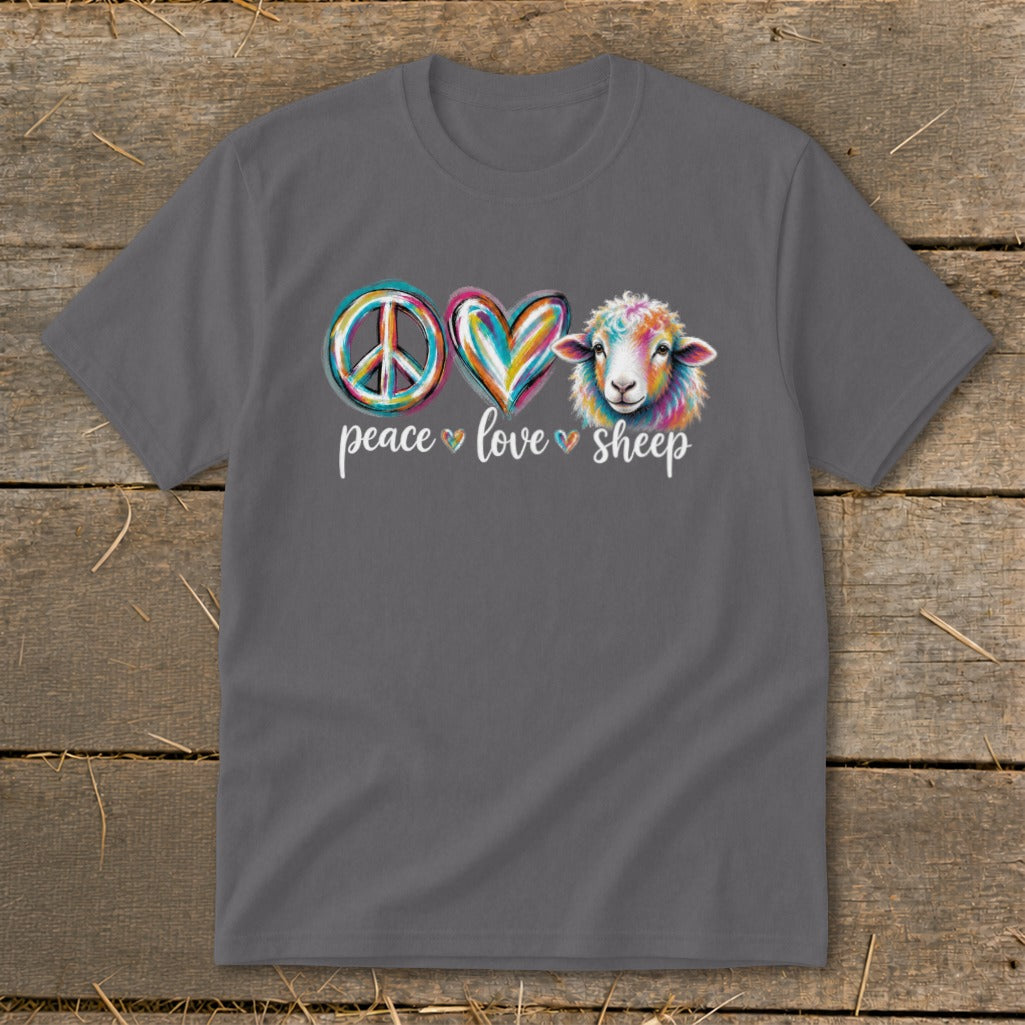 T-shirt with peace, love, sheep symbols and text.