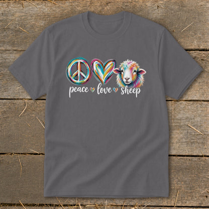 T-shirt with peace, love, sheep symbols and text.