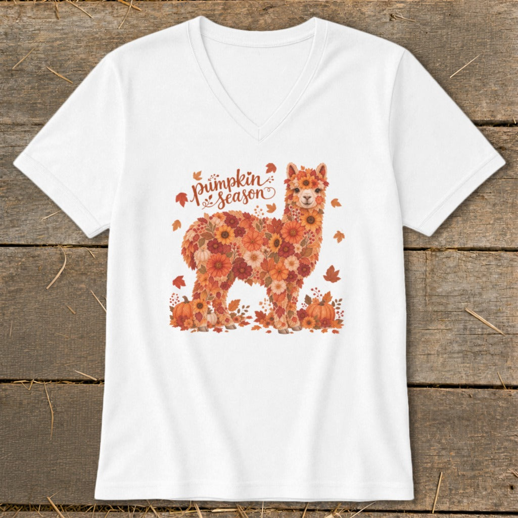 White t-shirt with a floral llama graphic and "Pumpkin Season" text.