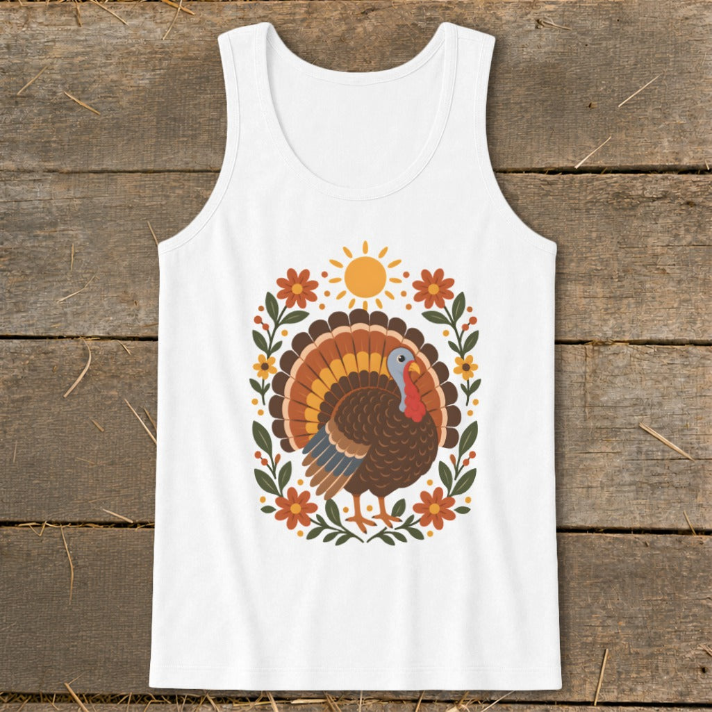 White tank top with a colorful turkey and floral design, including a sun.
