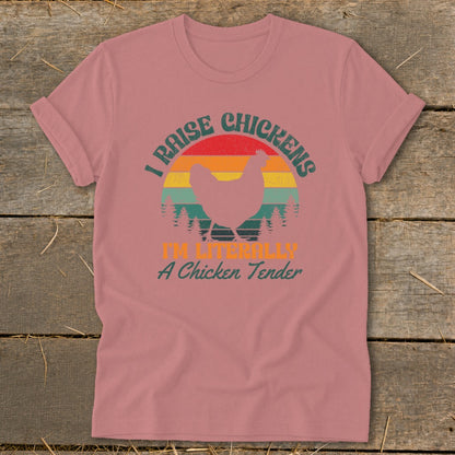 "I Raise Chickens" graphic with chicken silhouette and sunset behind trees.