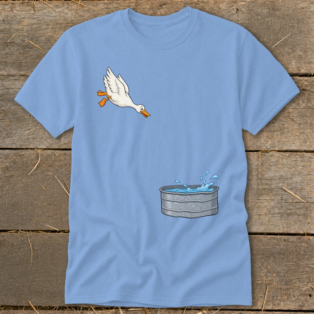 Light blue t-shirt with a cartoon goose jumping into a galvanized tub of water.