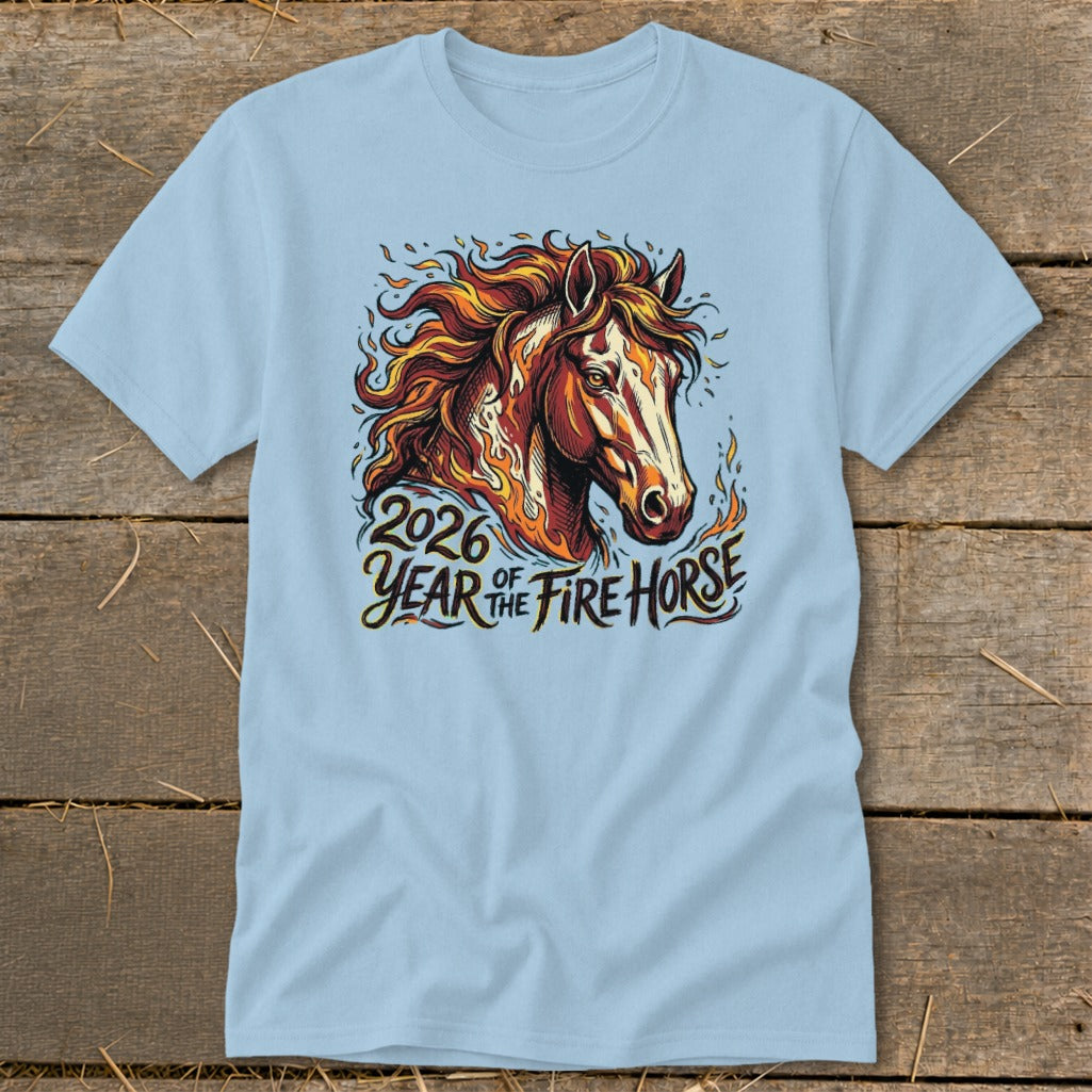 Light blue t-shirt with "2026 Year of the Fire Horse" and a fiery horse graphic.