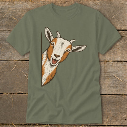 T-shirt with a drawing of a peeking goat with white and brown markings.