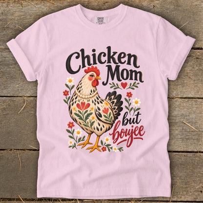 Light pink t-shirt with "Chicken Mom but boujee" text and a chicken illustration.