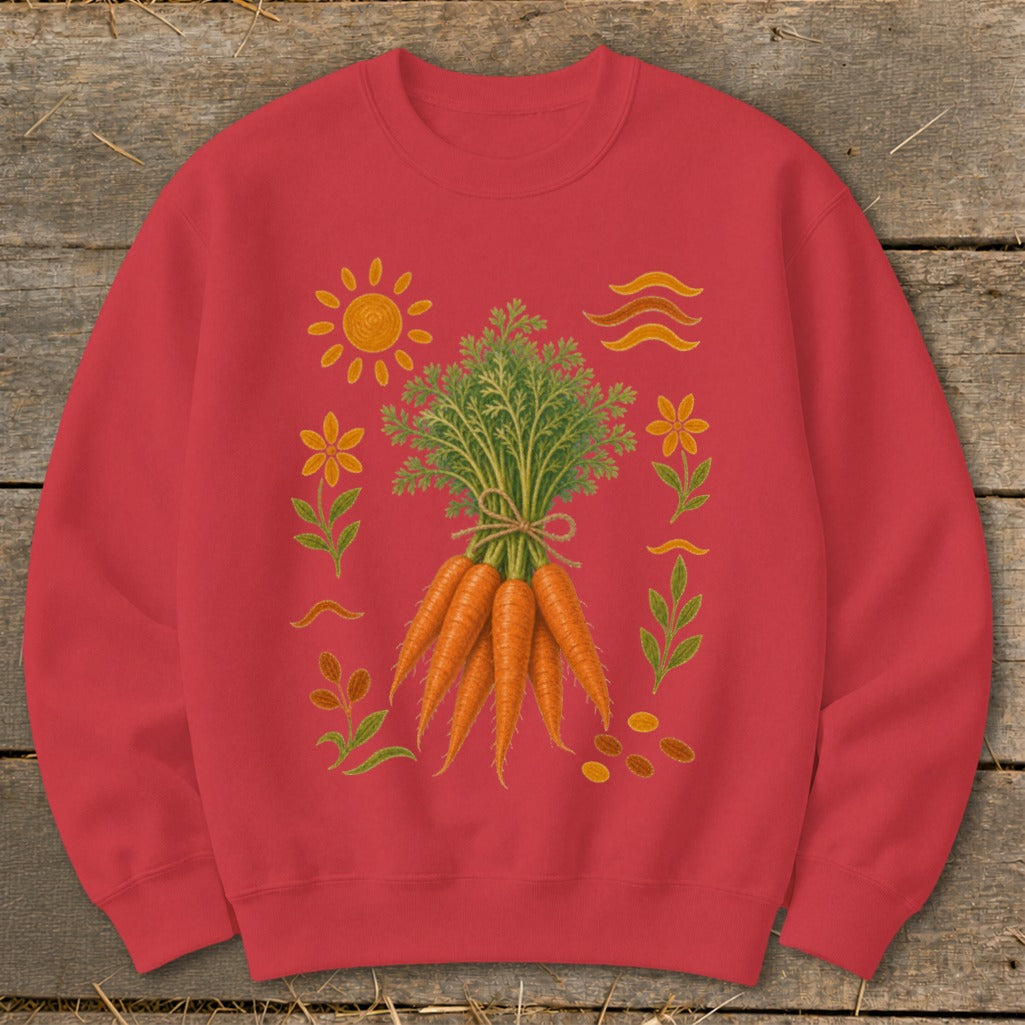 Red sweatshirt with a graphic of a bunch of carrots surrounded by sun, flowers, and leaves.
