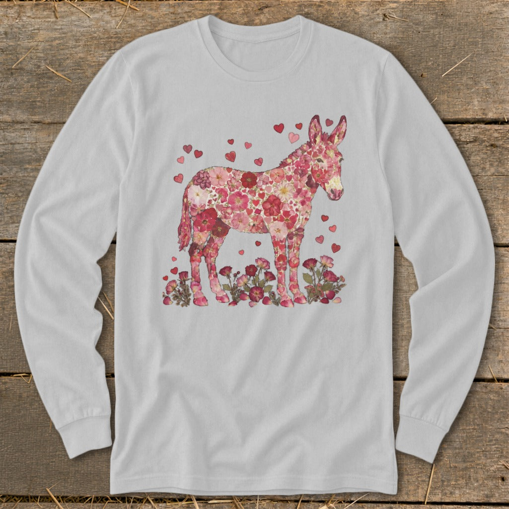 Donkey made of flowers and hearts with flowers around its feet.