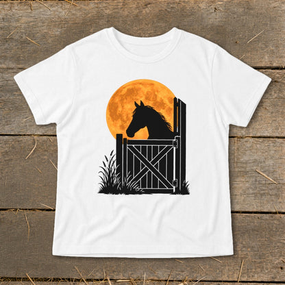 A white crewneck t-shirt featuring a graphic of a horse silhouette looking over a stable door against a large orange moon.