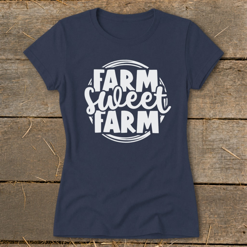 Navy t-shirt with white text reading "Farm Sweet Farm" in a circular design.
