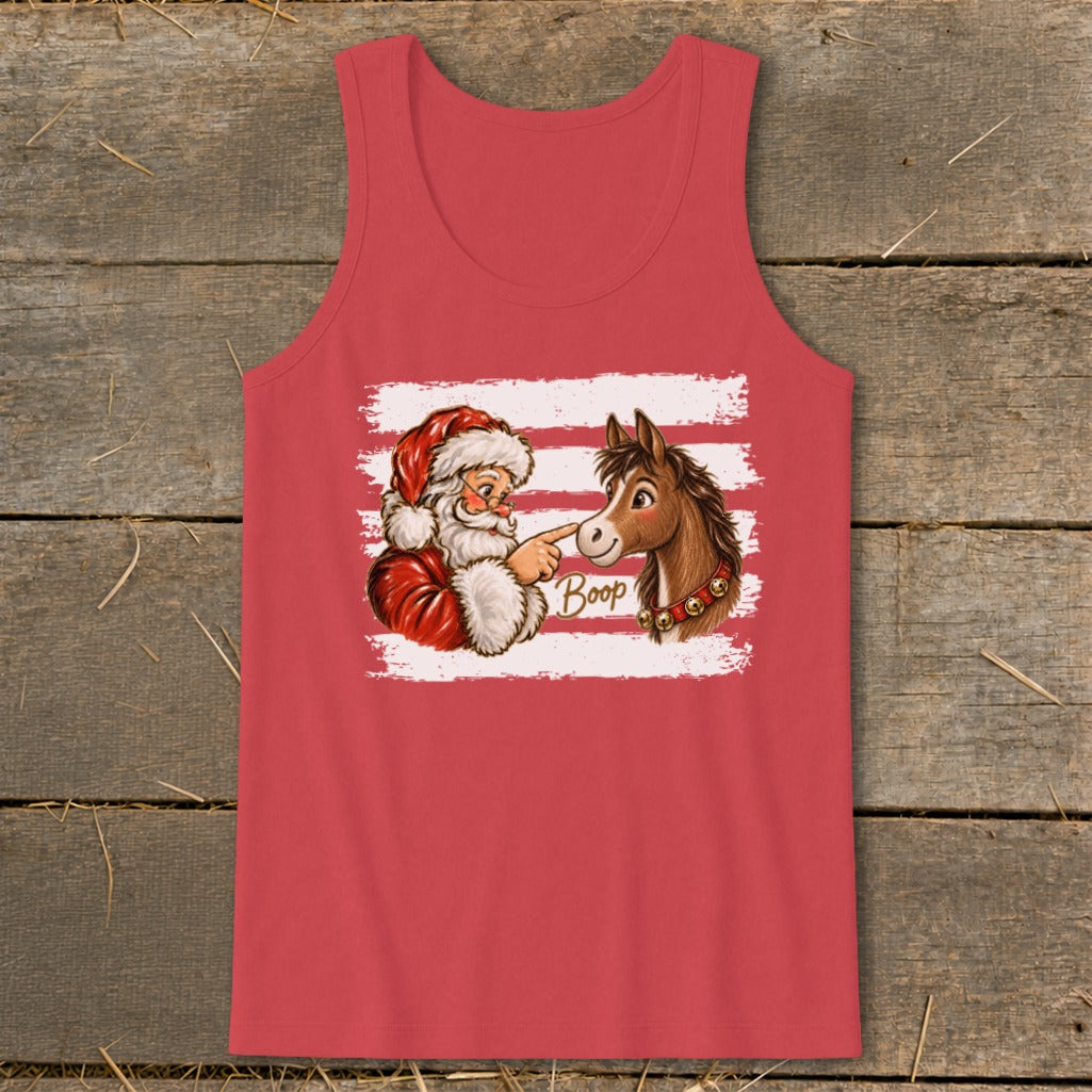 Santa booping a horse on the nose with the word "Boop" on a tank top.