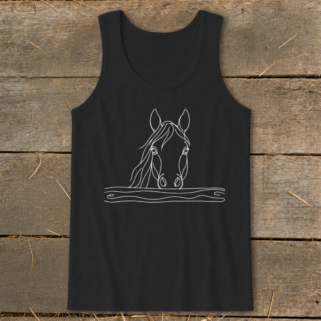Black tank top with a white outline drawing of a horse's head and a wooden fence.