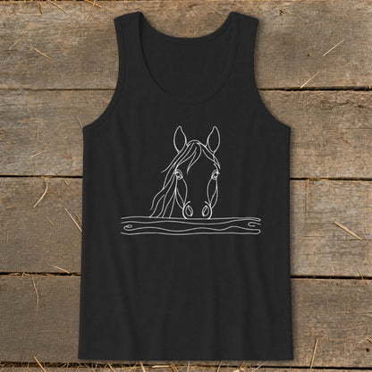 Black tank top with a white outline drawing of a horse's head and a wooden fence.