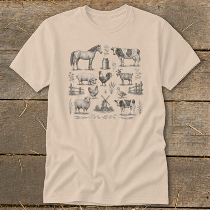 T-shirt with a black and white sketch of farm animals including a horse, pig, sheep, and cow.