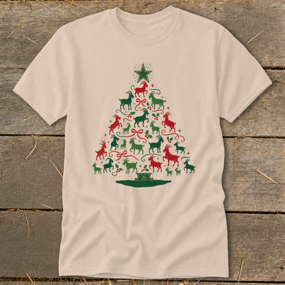 Tan t-shirt with a Christmas tree made of red and green goats.