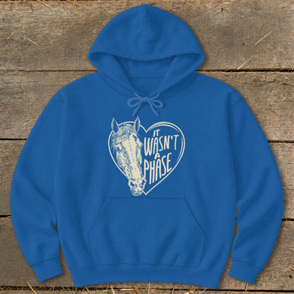Blue hoodie with a horse head inside a heart that says "It Wasn't a Phase".