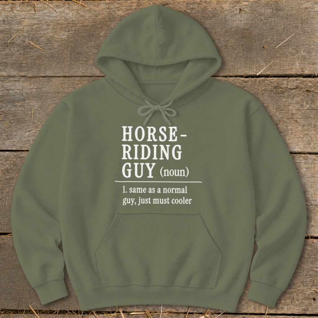 Olive green hoodie with white text defining "Horse-Riding Guy".