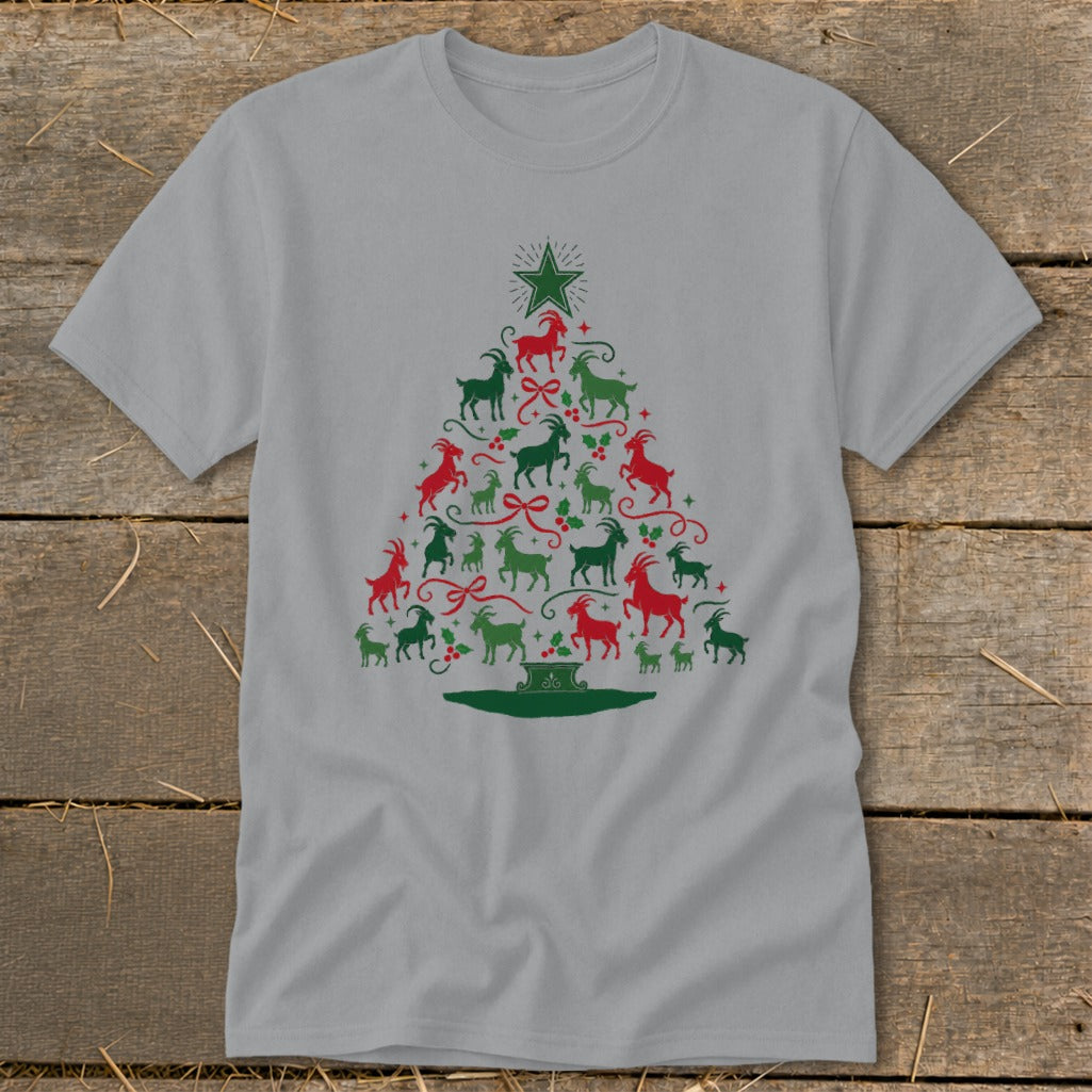 Grey t-shirt with a Christmas tree made of red and green goats.