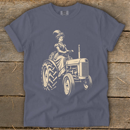 Vintage illustration of a woman in a formal gown driving a tractor.