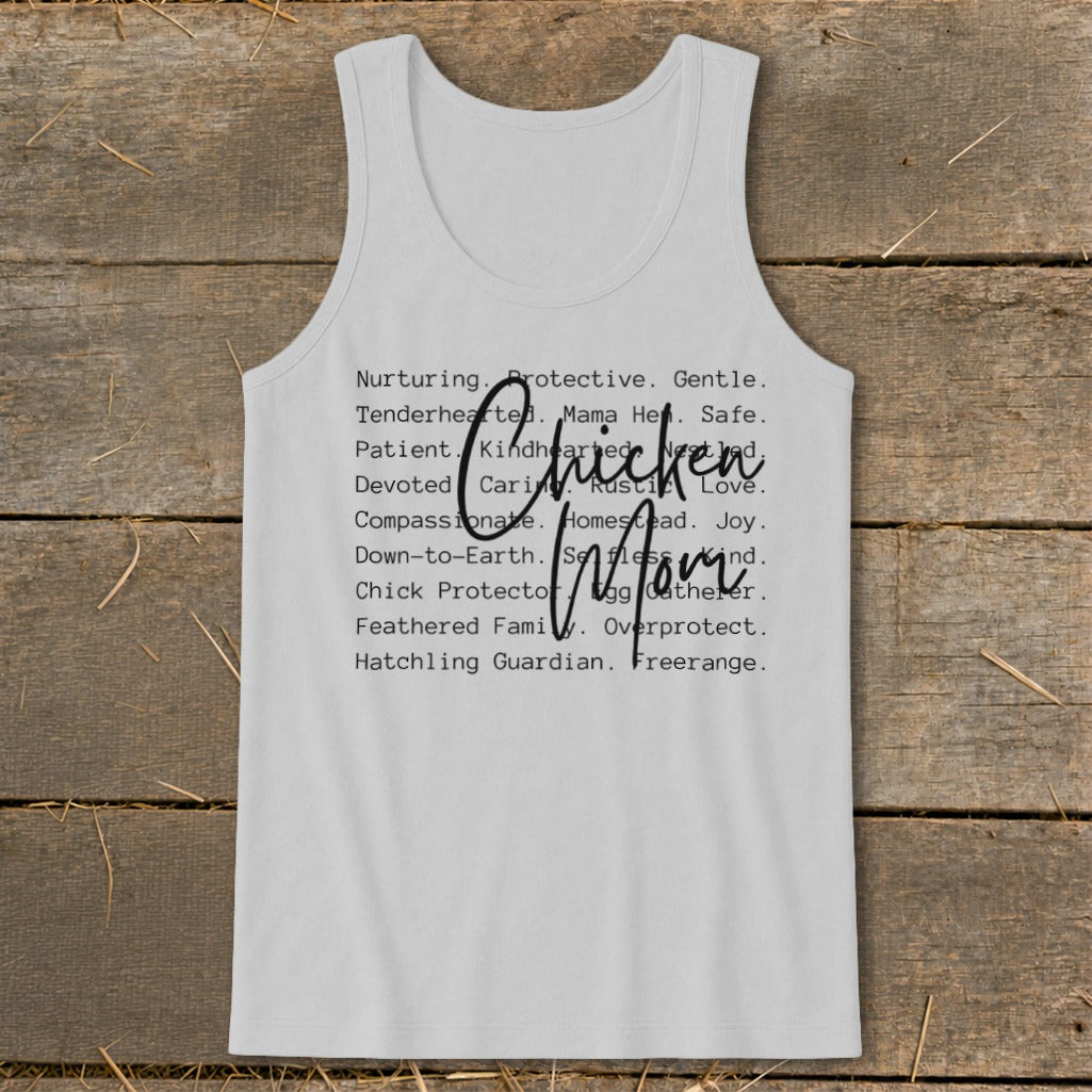 White tank top with "Chicken Mom" and descriptive words like nurturing and protective.