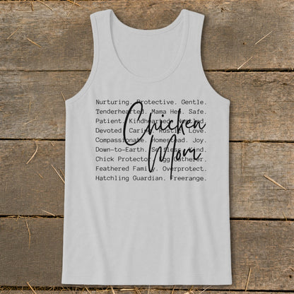 White tank top with "Chicken Mom" and descriptive words like nurturing and protective.