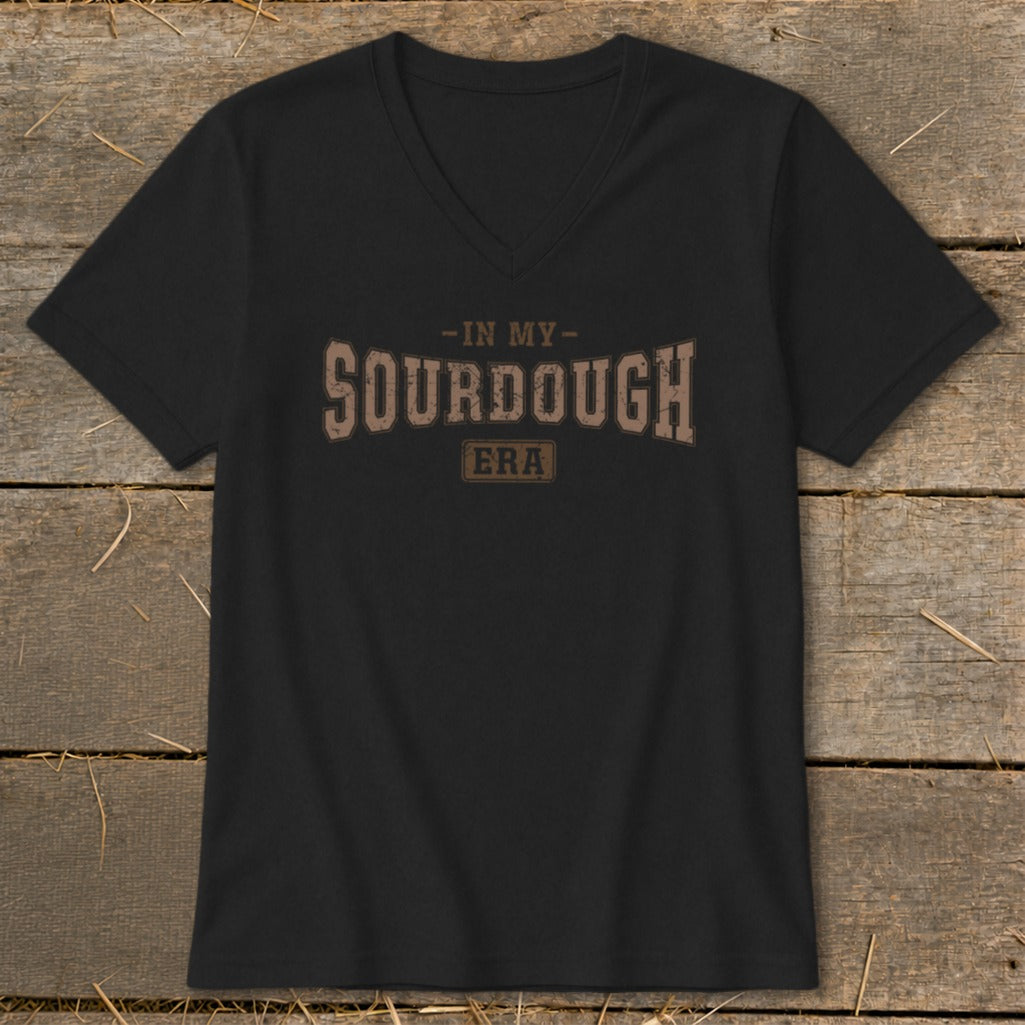 Black v-neck t-shirt with "In My Sourdough Era" text in brown vintage font.