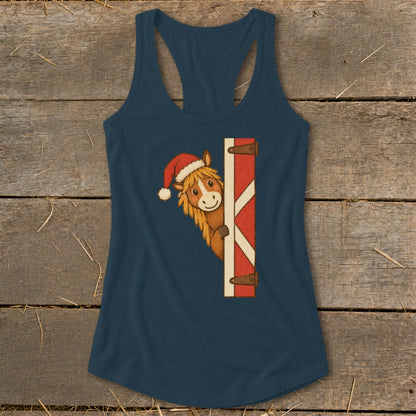 Dark blue tank top with a cartoon horse wearing a Santa hat peeking from a barn door.