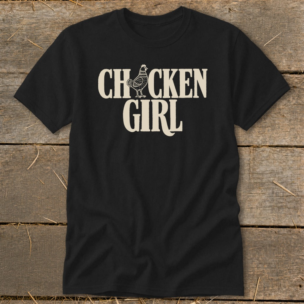 Black t-shirt with "CHICKEN GIRL" text and a stylized chicken graphic.