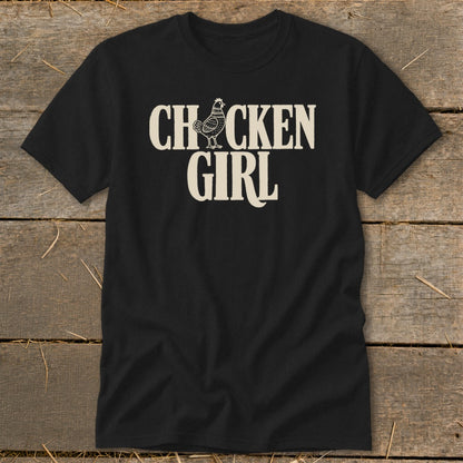 Black t-shirt with "CHICKEN GIRL" text and a stylized chicken graphic.