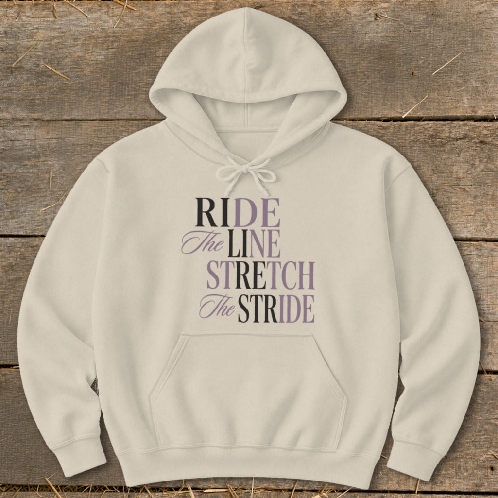 Cream hoodie with "RIDE The LINE STRETCH The STRIDE" text in purple and black.